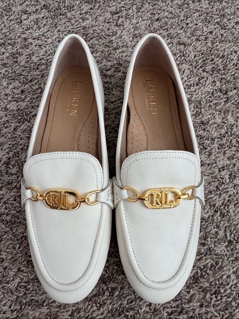 Lauren Ralph Lauren White Leather Loafers with Gold RL Chain